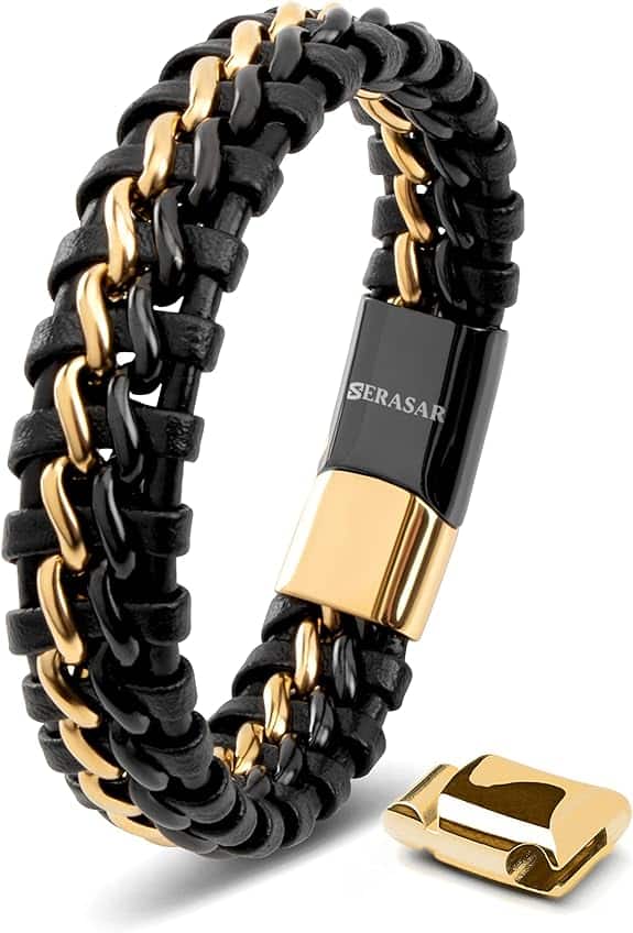 SERASAR | Pulsera de Cuero Premium, para Hombre en Negro | Cerradura Magnética de Acero Inoxidable en Negro, Plata y Oro