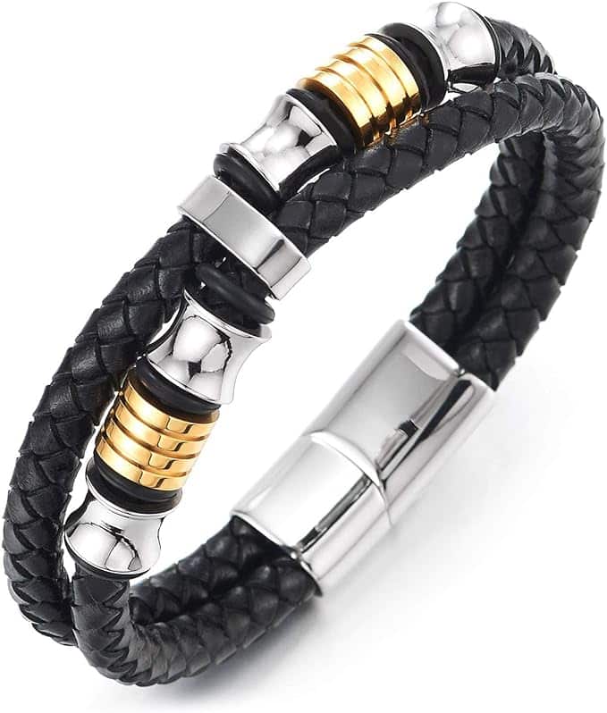 COOLSTEELANDBEYOND - Pulsera de piel trenzado de doble fila para hombre con adornos de acero inoxidable